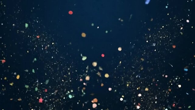 Dark background scattered with small colorful glowing dots and particles clustered on either side