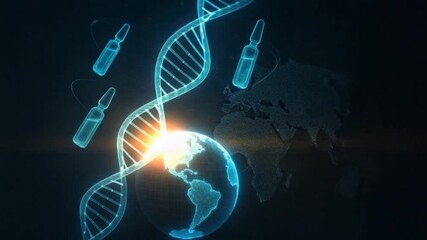 Glowing DNA helix with orbiting ampoules floats above 3D Earth, vaccination, covid vaccine, flu shot medical science concept - Powered by Adobe