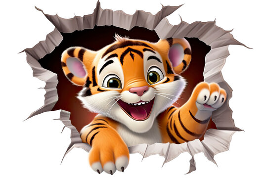Sticker 3D de Jeune Tigre Mignon Sortant d'un Mur Craquel&eacute; &ndash; Illustration Enfantine et Amusante