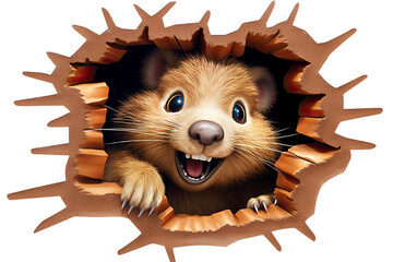 Sticker 3D de Rongeur Mignon Sortant d'un Mur Craquelé – Illustration Enfantine et Amusante