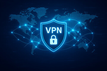 VPN secure connection graphic with glowing shield and lock icon over world map, representing global cybersecurity, encrypted internet access, and digital privacy protection, VPN secure connection, 
