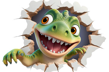 Sticker 3D de Dinosaure Orange Mignon Sortant d'un Mur Craquelé – Illustration Enfantine et Amusante