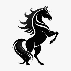 Stylized black horse rearing up on hind legs with flowing mane and tail