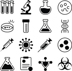 Collection of science and medical icons including test tubes microscope flasks dna and virus symbols