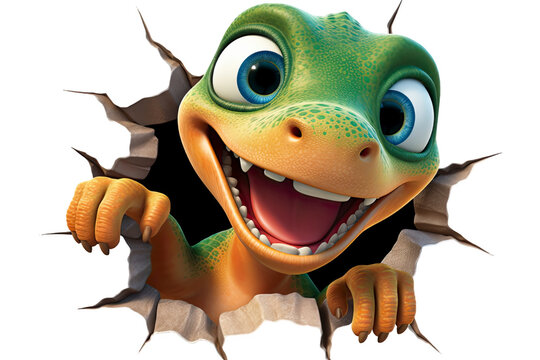 Sticker 3D de Dinosaure Vert et Orange Mignon Sortant d'un Mur Craquel&eacute; &ndash; Illustration Enfantine et Amusante