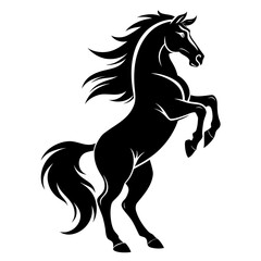 Majestic black horse rearing up silhouette on white background