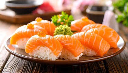 Fresh salmon sushi arranged on a plate