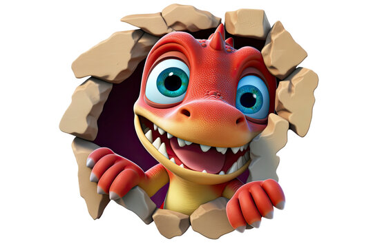 Sticker 3D de Dinosaure Rouge et Jaune Mignon Sortant d'un Mur Craquel&eacute; &ndash; Illustration Enfantine et Amusante