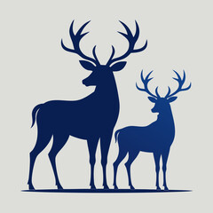 Two majestic dark blue deer silhouettes stand side by side against a light grey background