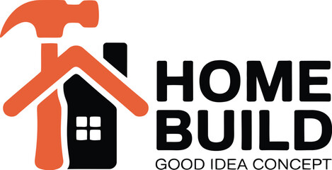 Logo featuring a house with a hammer and the words home build concept