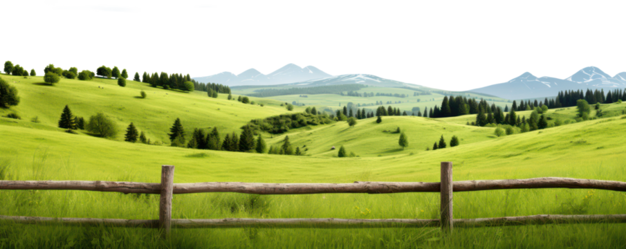 beautiful countryside natural fields landscape with wooden fence isolated on white or transparent png