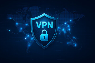 Fototapeta premium VPN secure connection, digital cybersecurity, VPN symbol, glowing shield, lock icon, secure internet, global network, encrypted connection, virtual private network, data protection, internet security,