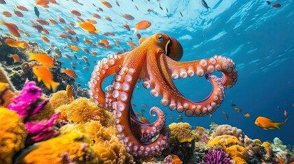 Fototapeta premium Majestic octopus swimming gracefully over a vibrant coral reef with schools of fish around it.