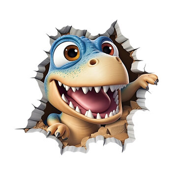 Sticker 3D de Jeune Dinosaure Joyeux Sortant d'un Mur Craquel&eacute; &ndash; Illustration Enfantine et Amusante