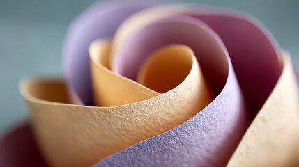 Abstract close up of rolled paper strips in purple and tan hues creating organic shapes