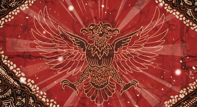 Ornate Mythical Bird Design on Red Batik Background with Radiant Rays