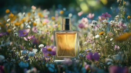 glass bottle with perfume, wild flowers around