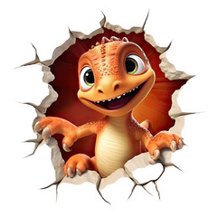 Sticker 3D de Jeune Dinosaure Orange Joyeux Sortant d'un Mur Craquelé – Illustration Enfantine et Amusante