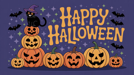 A spooky yet charming Halloween greeting card
featuring a friendly cartoon black cat wearing a tiny witch's hat perched atop a stack of playfully arranged pumpkins, with the text "HAPPY HALLOWEEN"