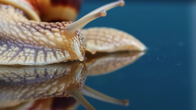Closeup of a snail slowly crawling on wet surface emphasizing detailed shell and body texture
