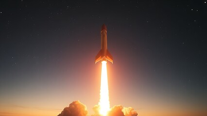 Futuristic Spacecraft Launch at Dusk with Fiery Exhaust Trail