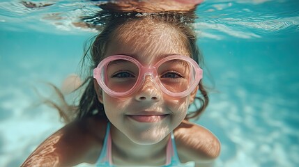 Naklejka premium Little Girl Swimming Underwater in Clear Blue Pool Wearing Pink Goggles