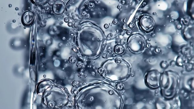 Closeup of Bubbles Rising in Clear Carbonated Water with Dynamic Movement and Sharp Focus