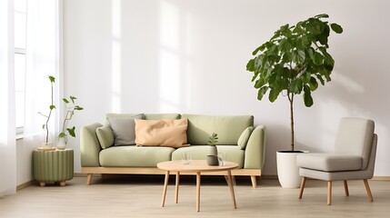 Scandinavian interior featuring a pastel green sofa, white walls, minimalist wood furniture, and oversized indoor plant in the corner .