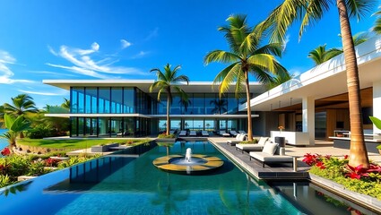 Fototapeta premium Modern luxury villa with a pool and palm trees against a clear blue sky on a sunny day view