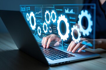 Hands typing on a laptop displaying a futuristic holographic interface with glowing gears and financial charts representing data analysis and technological innovation
