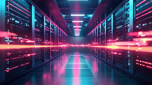 A long hallway with a neon pink and blue color scheme. The walls are lined with servers. The lights are on and the room is illuminated