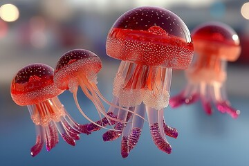 Glowing Red Jellyfish with Translucent Bodies in a Serene Underwater Scene