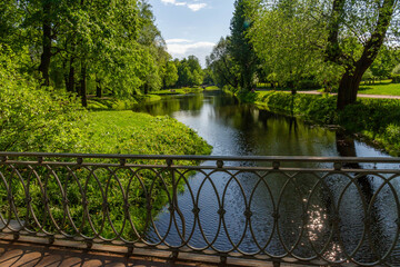 Scenic view of Tavrichesky Garden with decorative bridge railing in foreground, calm water, green trees, and blue sky reflection. Saint Petersburg, Russia.


