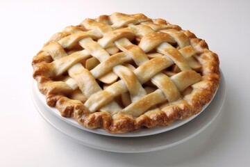 A freshly baked pie with a golden brown lattice crust, revealing a glimpse of the apple filling inside