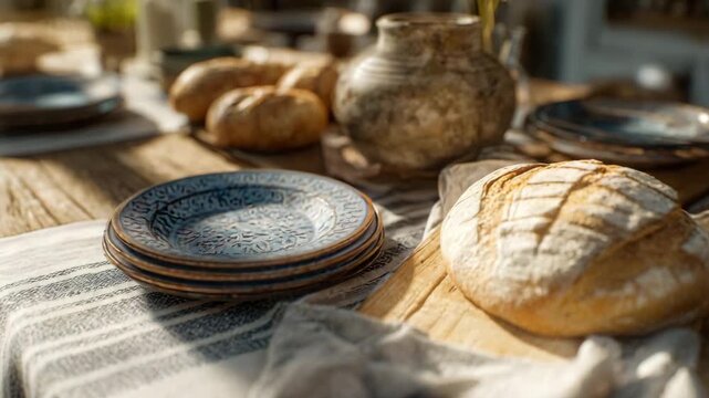 Sunlit Rustic Table with Artisan Bread, Ceramic Plates, and Linen Tablecloth in Cozy Outdoor Setting