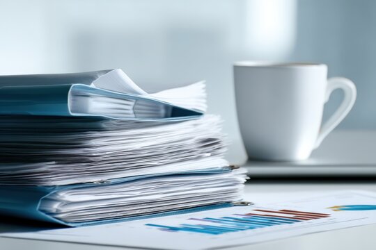 A stack of documents in binders sits beside a cup of coffee, with bar graphs on paper underneath