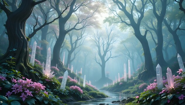 "Cyber-enchanted forest with translucent trees, floating crystal flora, and soft pastel light"
- Powered by Adobe