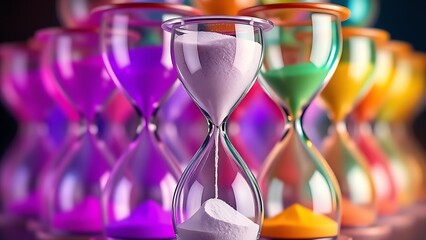 Colorful overlapping hourglasses with upward-flowing sand, depicting the unique perception of time in ADHD.