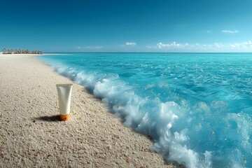 Serenity on a Pristine Beach with a Tube of Sunscreen in the Foreground