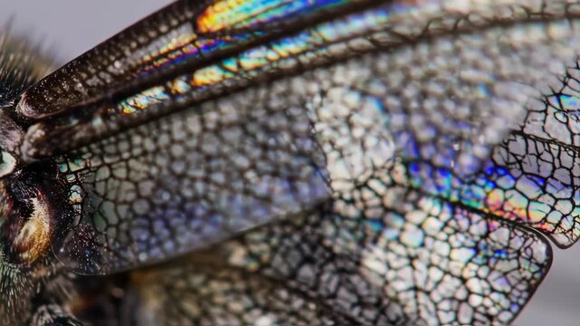 Closeup of a dragonflys iridescent wings showing detailed vein patterns in bright natural light
