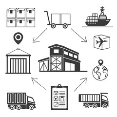 Obraz premium Monochrome Supply Chain Line Icons Vector Set – Logistics, Shipping, Transport Symbols