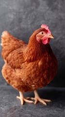 Fototapeta premium Close up of a healthy brown hen standing on a dark textured surface with a muted background