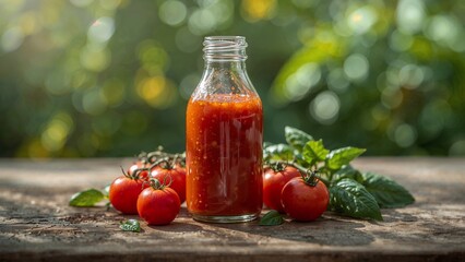 A bottle of fresh tomato sauce with tomatoes. Generative AI Illustration