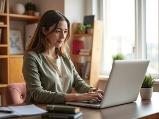 Young woman working on laptop at home desk by window with plants  