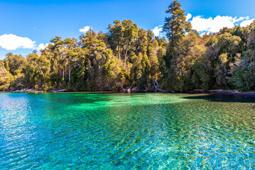 Fototapeta premium Sailing the Nahuel Huapi from Bahia Mansa to the Arrayanes Forest, Villa la Angostura, Neuquen, Patagonia, Argentina