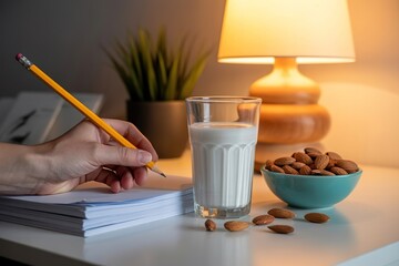 person study at night with milk glass and almond nut on desk for brain health