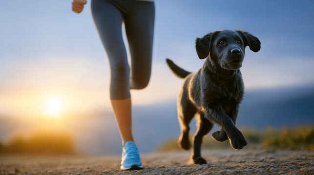 Woman jogging with black Labrador dog on dirt path during sunset. Scenic outdoor setting with soft golden light illuminating the landscape. Concept of fitness, pet companionship, outdoor activities