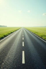 Fototapeta premium A long, straight asphalt road stretches towards a bright horizon, flanked by verdant fields under a clear sky, promising a journey of exploration and endless possibilities.