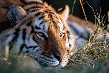 A tiger resting in the grass