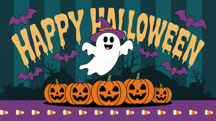 A spooky and playful Halloween greeting card
featuring a friendly cartoon ghost wearing a witch's hat floating above a pile of pumpkins, with the text "HAPPY HALLOWEEN"